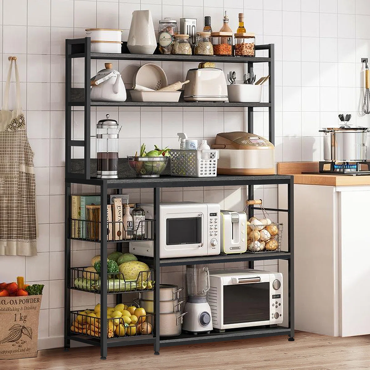 Comprehensive Kitchen Storage Rack with 5 Shelves & 3 Baskets